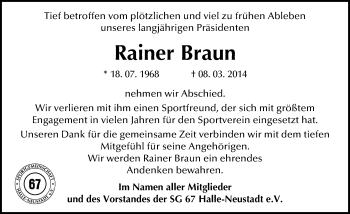 Traueranzeige von Rainer Braun von Mitteldeutsche Zeitung Halle/Saalkreis