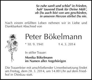 Traueranzeige von Peter Bökelmann von Mitteldeutsche Zeitung Halle/Saalkreis