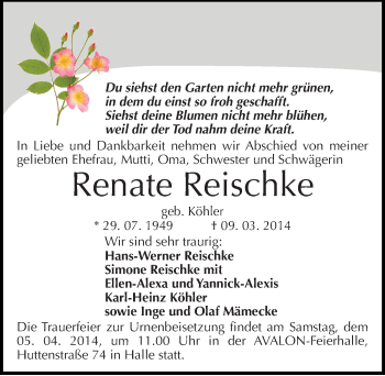 Traueranzeige von Renate Reischke von Mitteldeutsche Zeitung Halle/Saalkreis