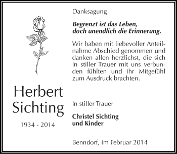Traueranzeige von Herbert Sichting von Mitteldeutsche Zeitung Mansfelder Land