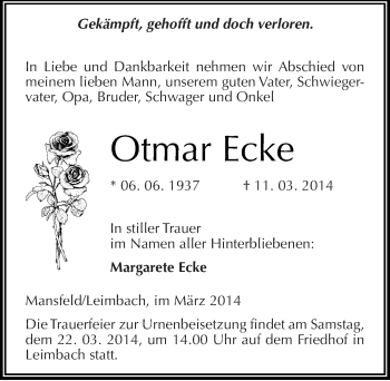 Traueranzeige von Otmar Encke von Mitteldeutsche Zeitung Mansfelder Land