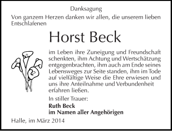 Traueranzeige von Horst Beck von Mitteldeutsche Zeitung Halle/Saalkreis