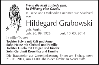 Traueranzeige von Hildegard Grabowski von Mitteldeutsche Zeitung Halle/Saalkreis