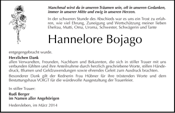 Traueranzeige von Hannelore Bojago von Mitteldeutsche Zeitung Mansfelder Land