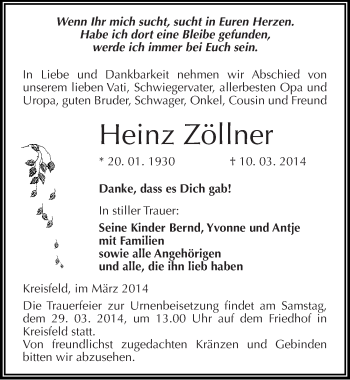 Traueranzeige von Heinz Zöllner von Mitteldeutsche Zeitung Mansfelder Land