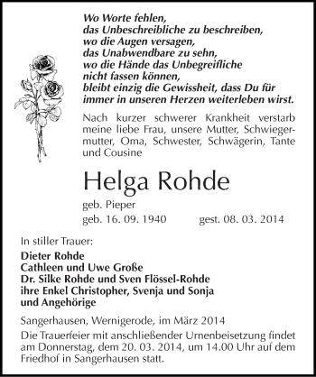 Traueranzeige von Helga Rohde von Mitteldeutsche Zeitung Sangerhausen
