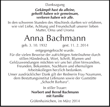 Traueranzeige von Anna Bachmann von Mitteldeutsche Zeitung Wittenberg