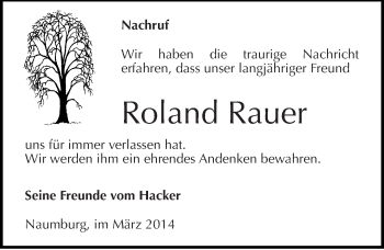 Traueranzeige von Roland Rauer von Mitteldeutsche Zeitung Naumburg/Nebra
