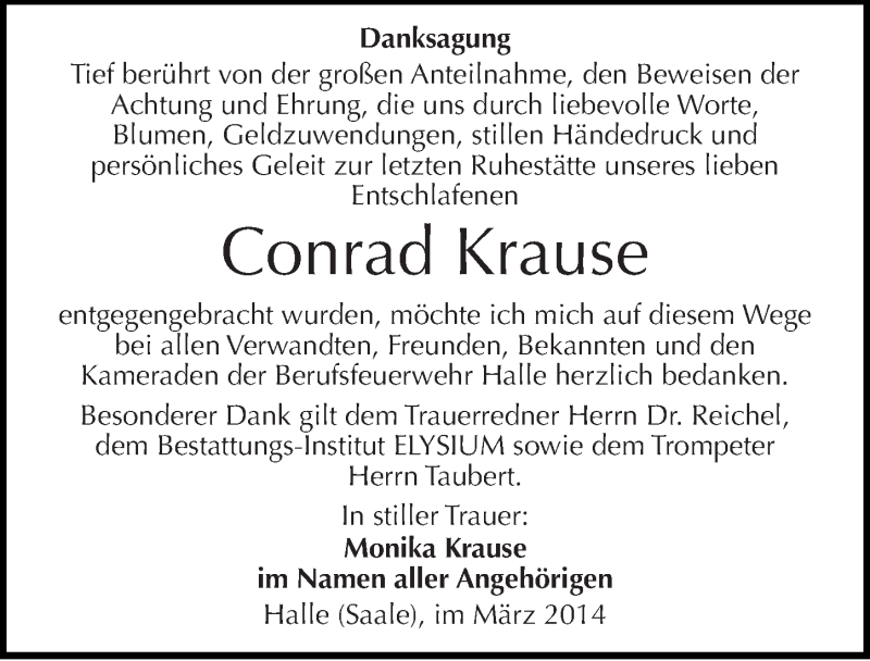  Traueranzeige für Conrad Krause vom 15.03.2014 aus Mitteldeutsche Zeitung Halle/Saalkreis