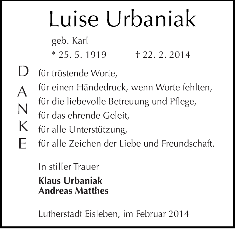  Traueranzeige für Luise Urbaniak vom 15.03.2014 aus Mitteldeutsche Zeitung Mansfelder Land