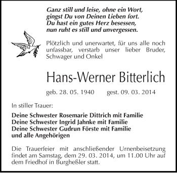 Traueranzeige von Hans-Werner Bitterlich von Mitteldeutsche Zeitung Naumburg/Nebra