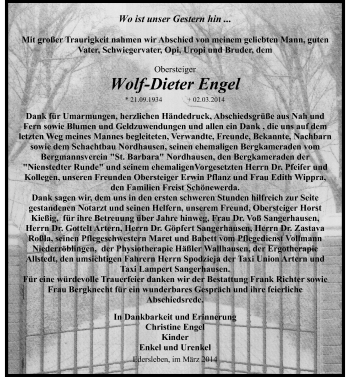 Traueranzeige von Wolf-Dieter Engel von Mitteldeutsche Zeitung Sangerhausen
