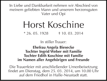 Traueranzeige von Horst Koschine von Mitteldeutsche Zeitung Halle/Saalkreis