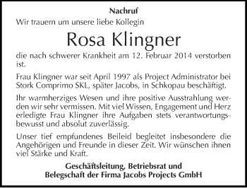 Traueranzeige von Rosa Klingner von Mitteldeutsche Zeitung Halle/Saalkreis