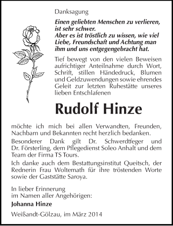 Traueranzeige von Rudolf Hinze von Mitteldeutsche Zeitung Köthen