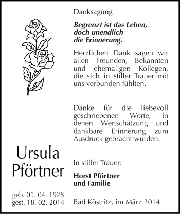 Traueranzeige von Ursula Pförtner von Mitteldeutsche Zeitung Halle/Saalkreis