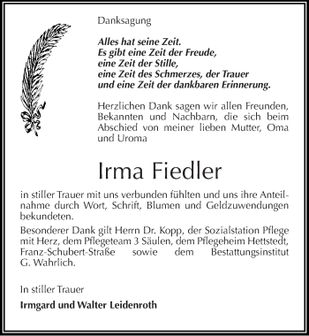 Traueranzeige von Irma Fiedler von Mitteldeutsche Zeitung Mansfelder Land