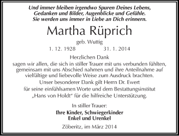 Traueranzeige von Martha Rüprich von Mitteldeutsche Zeitung Halle/Saalkreis