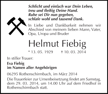 Traueranzeige von Helmut Fiebig von Mitteldeutsche Zeitung Mansfelder Land