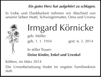 Traueranzeige von Irmgard Körnicke von Mitteldeutsche Zeitung Köthen