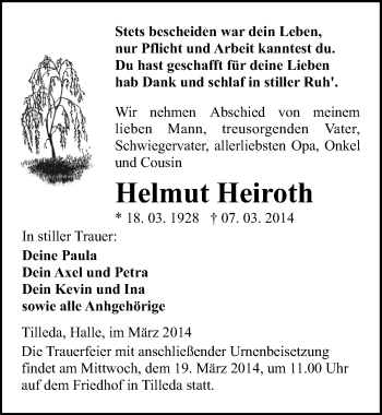Traueranzeige von Helmut Heiroth von Mitteldeutsche Zeitung Sangerhausen
