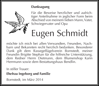 Traueranzeige von Eugen Schmidt von Mitteldeutsche Zeitung Mansfelder Land