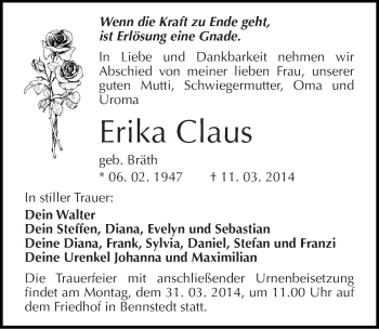 Traueranzeige von Erika Claus von Mitteldeutsche Zeitung Halle/Saalkreis