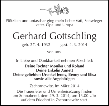 Traueranzeige von Gerhard Gottschling von Mitteldeutsche Zeitung Wittenberg