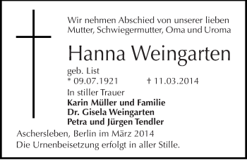 Traueranzeige von Hanna Weingarten von Mitteldeutsche Zeitung Aschersleben