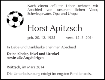 Traueranzeige von Horst Apitzsch von Mitteldeutsche Zeitung Bitterfeld