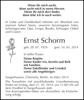 Traueranzeige von Ernst Schorm von Mitteldeutsche Zeitung Sangerhausen