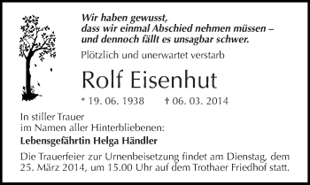 Traueranzeige von Rolf Eisenhut von Mitteldeutsche Zeitung Halle/Saalkreis