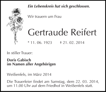 Traueranzeige von Gertraude Reifert von Mitteldeutsche Zeitung Weißenfels