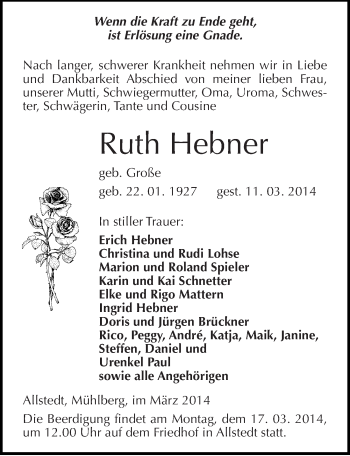 Traueranzeige von Ruth Hebner von Mitteldeutsche Zeitung Sangerhausen