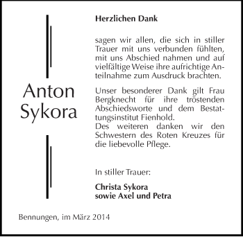 Traueranzeige von Anton Sykora von Mitteldeutsche Zeitung Sangerhausen