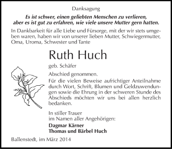 Traueranzeige von Ruth Huch von Mitteldeutsche Zeitung Quedlinburg
