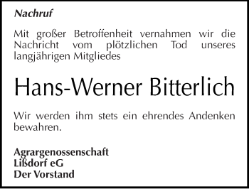 Traueranzeige von Hans-Werner Bitterlich von Mitteldeutsche Zeitung Naumburg/Nebra
