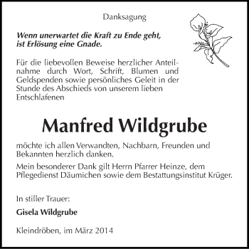 Traueranzeige von Manfred Wildgrube von Mitteldeutsche Zeitung Wittenberg