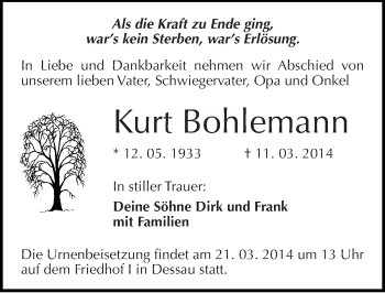 Traueranzeige von Kurt Bohlemann von Mitteldeutsche Zeitung Dessau-Roßlau