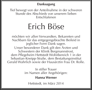 Traueranzeige von Erich Böse von Mitteldeutsche Zeitung Mansfelder Land