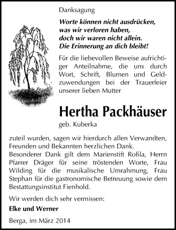 Traueranzeige von Hertha Packhäuser von Mitteldeutsche Zeitung Sangerhausen