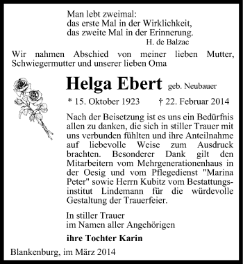 Traueranzeige von Helga Ebert von Mitteldeutsche Zeitung Quedlinburg