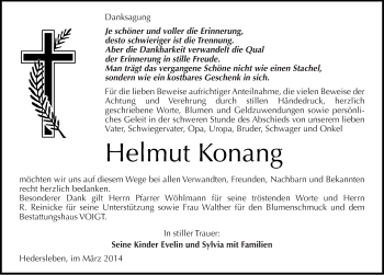 Traueranzeige von Helmut Konang von Mitteldeutsche Zeitung Mansfelder Land
