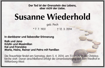 Traueranzeige von Susanne Wiederhold von Mitteldeutsche Zeitung Wittenberg