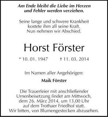 Traueranzeige von Horst Förster von Mitteldeutsche Zeitung Halle/Saalkreis