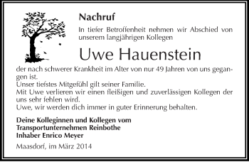Traueranzeige von Uwe Hauenstein von Mitteldeutsche Zeitung Köthen