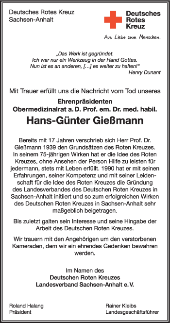 Traueranzeige von Hans-Günter Gießmann von Mitteldeutsche Zeitung
