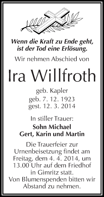 Traueranzeige von Ira WiIlfroth von Mitteldeutsche Zeitung Halle/Saalkreis