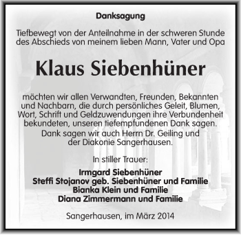 Traueranzeige von Klaus Siebenhüner von Mitteldeutsche Zeitung Sangerhausen