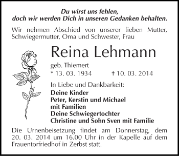 Traueranzeige von Reina Lehmann von Mitteldeutsche Zeitung Wittenberg